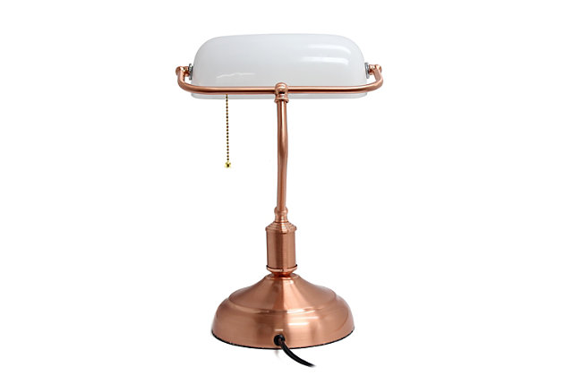 This simply designed banker's lamp will add a touch of class to your workspace or home. Just the right touch of copper for a Rose Gold finish, with a white glass shade, will boost your décor with a sophisticated and professional feel. This desk lamp will be the perfect item for your lighting needs.Rose gold (copper) finish | White glass rollover shade | Pull chain on/off switch | Uses 1 x 60W E26 Base Bulb (not included)