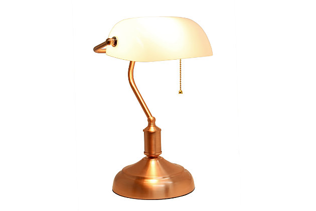 This simply designed banker's lamp will add a touch of class to your workspace or home.  Just the right touch of copper for a Rose Gold finish, with a white glass shade, will boost your décor with a sophisticated and professional feel.  This desk lamp will be the perfect item for your lighting needs.Rose gold (copper) finish | White glass rollover shade | Pull chain on/off switch | Uses 1 x 60W E26 Medium Base Bulb (not included)