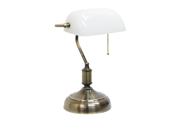 Add a touch of class to your workspace or home with this simply designed banker's lamp.  Just the right design to boost your décor with a sophisticated and professional feel, this desk lamp will be the perfect item for your lighting needs.Antique nickel finish | White  glass rollover shade | Pull chain on/off switch | Uses 1 x 60W E26 Medium Base Bulb (not included)