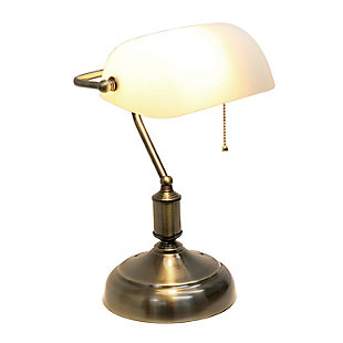 Add a touch of class to your workspace or home with this simply designed banker's lamp.  Just the right design to boost your décor with a sophisticated and professional feel, this desk lamp will be the perfect item for your lighting needs.Antique nickel finish | White  glass rollover shade | Pull chain on/off switch | Uses 1 x 60W E26 Medium Base Bulb (not included)