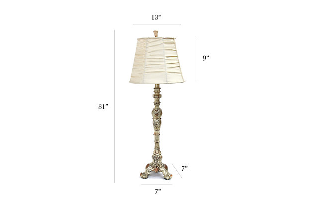 An eye pleasing and chic style lamp to add the right flair to your home or event!  This classic buffet-style luminaire features a tall, distressed candlestick base with a beautifully draped shade perfectly suitable for any room in your home!Antique finished resin base | Creamy pearl silk look fabric shade | On/off rotary switch on socket | Uses 1 x 60W E26 Medium Base Bulb (not included)