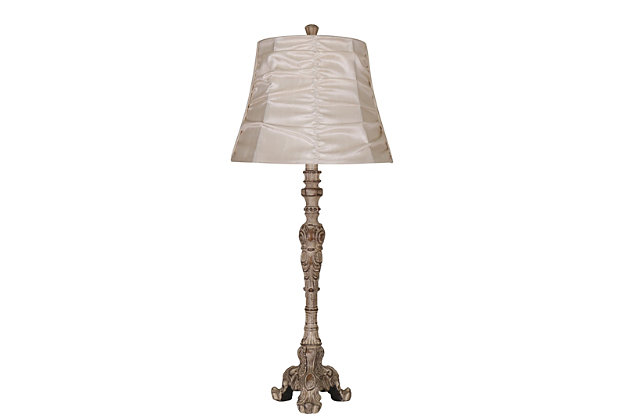 An eye pleasing and chic style lamp to add the right flair to your home or event!  This classic buffet-style luminaire features a tall, distressed candlestick base with a beautifully draped shade perfectly suitable for any room in your home!Antique finished resin base | Creamy pearl silk look fabric shade | On/off rotary switch on socket | Uses 1 x 60W E26 Medium Base Bulb (not included)