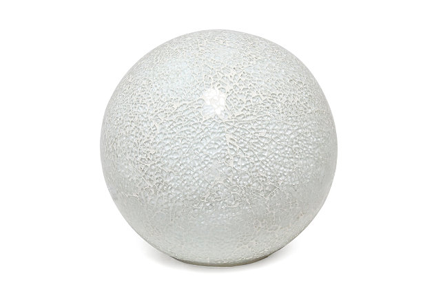 This beautiful round table lamp will fulfill your lighting needs and at the same time pizazz your space in just the right way.  Light illuminates through the "earthy" crackled texture, all while having an unexpected smoothness throughout the fixture. Undoubtedly the perfect accent piece to your home, this stone-like lamp will not disappoint!One of a kind crystallized look, smooth feel | Uses 1 x 40w type b candelabra base bulb (not included) | Measures 8" x 8" x 7.5" | Round opening on bottom for access to bulb