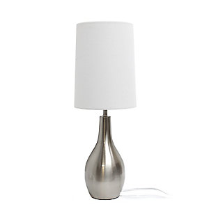 Simple yet sleek, this table lamp will add the perfect touch of style to your home.  With a smooth and traditional shaped base in Silver (brushed nickel), this lamp offers a polished feel to top off your accent table, night stand, living room, bedroom or office!  Paired up with a white fabric drum shade, this is the perfect fit for your home decorating needs.Flawless brushed nickel finish base | White fabric shade | Sleek and simple, adaptable to all room types | Uses 1 x 40W E26 Medium Base Type A Bulb (not included)