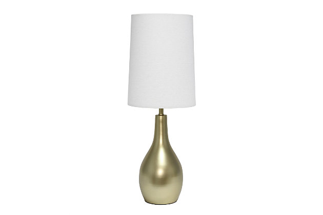 Simple yet sleek, this table lamp will add the perfect touch of style to your home.  With a smooth and traditional shaped base in Gold, this lamp offers a polished feel to top off your accent table, night stand, living room, bedroom or office!  Paired up with a white fabric drum shade, this is the perfect fit for your home decorating needs.Flawless gold finish base | White fabric shade | Sleek and simple, adaptable to all room types | Uses 1 x 40W E26 Medium Base Type A Bulb (not included)