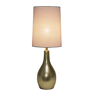 Simple yet sleek, this table lamp will add the perfect touch of style to your home.  With a smooth and traditional shaped base in Gold, this lamp offers a polished feel to top off your accent table, night stand, living room, bedroom or office!  Paired up with a white fabric drum shade, this is the perfect fit for your home decorating needs.Flawless gold finish base | White fabric shade | Sleek and simple, adaptable to all room types | Uses 1 x 40W E26 Medium Base Type A Bulb (not included)