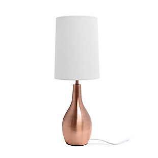 Simple yet sleek, this table lamp will add the perfect touch of style to your home.  With a smooth and traditional shaped base in Rose Gold (copper), this lamp offers a polished feel to top off your accent table, night stand, living room, bedroom or office!  Paired up with a white fabric drum shade, this is the perfect fit for your home decorating needs.Flawless rose gold finish base | White fabric shade | Sleek and simple, adaptable to all room types | Uses 1 x 40w e26 medium base type a bulb (not included)