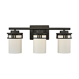 Go classy with the Ravendale 4-light bath vanity fixture. Its simple design is modern with a flat metal backplate and straight-lined light holders in a smooth rubbed bronze finish. Light filters through the opal white glass shades, which can be mounted up or down, depending on where you want to direct the light—what a sharp, casual look.Made of metal in bronze-tone finish | White glass shades | 4 E26 bulbs (not included); 100-watt max | Uplit or downlit positioning | Indoor use only | Hardwired; professional installation recommended | Clean with a soft, dry cloth