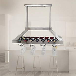 Instead of displaying your variety of wine selections the old fashioned way, why not make the upgrade to this beautiful overhead metal wine rack? Equipped to hold a combination of 14 standard wine bottles and 16 stemmed wine glasses, it serves both a functional and style purpose for your space. This product comes with a total of 12 poles that are suited to adjust the height of the wine rack to adapt to both tall and low ceilings.Brushed nickel finish | 2 x 8w integrated led boards (16w total = 100w incandescent equivalent) | Warm light output. 720lm, 3000k, 90cri | 12 poles provided for adjusting the overall height