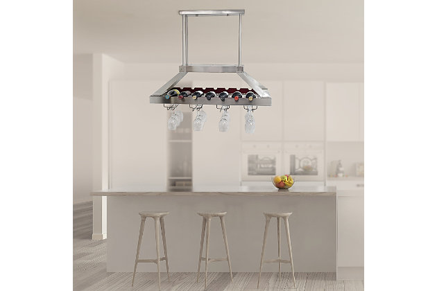 Instead of displaying your variety of wine selections the old fashioned way, why not make the upgrade to this beautiful overhead metal wine rack? Equipped to hold a combination of 14 standard wine bottles and 16 stemmed wine glasses, it serves both a functional and style purpose for your space. This product comes with a total of 12 poles that are suited to adjust the height of the wine rack to adapt to both tall and low ceilings.Brushed nickel finish | 2 x 8w integrated led boards (16w total = 100w incandescent equivalent) | Warm light output. 720lm, 3000k, 90cri | 12 poles provided for adjusting the overall height