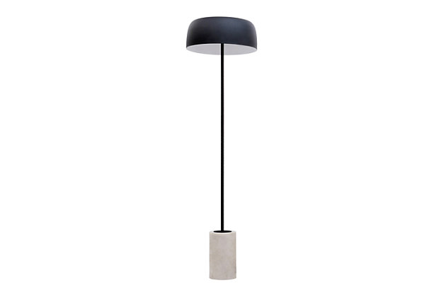 What a gorgeous way to let there be light. You'll love the look of this minimalist floor lamp. Coated in a black finish, its retro-style shade is beautifully supported by its slender neck and white marble base. The mid-century modern style illuminates your creative side anywhere you place it.Made of metal and marble | Black shade | Gray metal stand and marble base | On/off switch | 2 type E26 incandescent bulbs (not included); 25 watts max; UL Listed | No assembly required