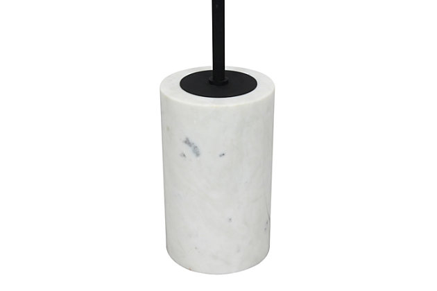 What a gorgeous way to let there be light. You'll love the look of this minimalist floor lamp. Coated in a black finish, its retro-style shade is beautifully supported by its slender neck and white marble base. The mid-century modern style illuminates your creative side anywhere you place it.Made of metal and marble | Black shade | Gray metal stand and marble base | On/off switch | 2 type E26 incandescent bulbs (not included); 25 watts max; UL Listed | No assembly required