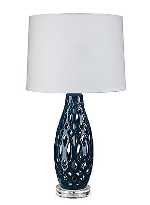 Jamie Young Filigree Table Lamp in Navy Blue Ceramic with Cone Shade in White Linen, Navy Blue, large