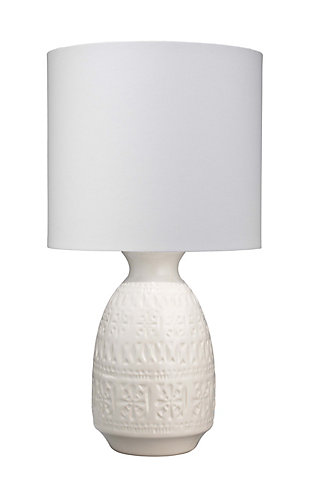 Jamie Young Frieze Table Lamp in White Ceramic with Drum Shade in White Linen, White, rollover