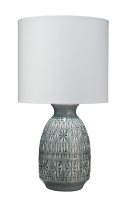 Jamie Young Frieze Table Lamp in Slate Blue Ceramic with Drum Shade in White Linen, Slate Blue, large