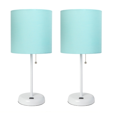 LimeLights LimeLights White Stick Lamp with USB Charging Port and Fabric Shade 2 Pack Set, Aqua, White/Aqua, large