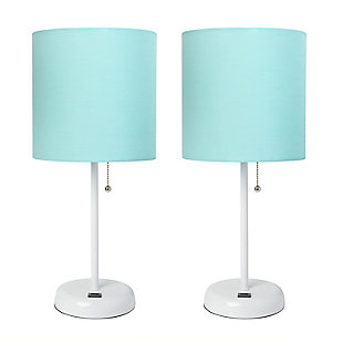 LimeLights LimeLights White Stick Lamp with USB Charging Port and Fabric Shade 2 Pack Set, Aqua, White/Aqua, large
