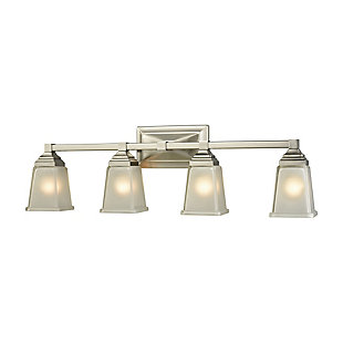Brighten any wall with the casually styled Sinclair 4-light bath vanity fixture. Its balanced design is vintage style inspired with an attractive nickel brushed finish and rectangular frosted glass shades through which light glows. They can be mounted up or down to give you versatility in your bathroom decor—what a smooth look.Made of metal in a nickel-tone finish | Frosted glass shades | 4 E26 bulbs (not included); 100-watt max | Uplit or downlit positioning | Indoor use only | Hardwired; professional installation recommended | Clean with a soft, dry cloth