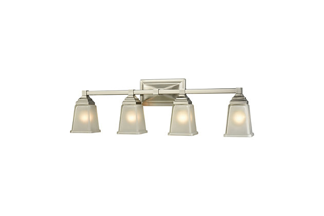 Brighten any wall with the casually styled Sinclair 4-light bath vanity fixture. Its balanced design is vintage style inspired with an attractive nickel brushed finish and rectangular frosted glass shades through which light glows. They can be mounted up or down to give you versatility in your bathroom decor—what a smooth look.Made of metal in a nickel-tone finish | Frosted glass shades | 4 E26 bulbs (not included); 100-watt max | Uplit or downlit positioning | Indoor use only | Hardwired; professional installation recommended | Clean with a soft, dry cloth