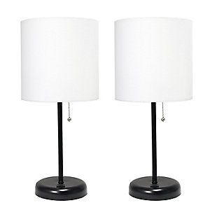 LimeLights LimeLights Black Stick Lamp with USB Charging Port and Fabric Shade 2 Pack Set, White, Black/White, large