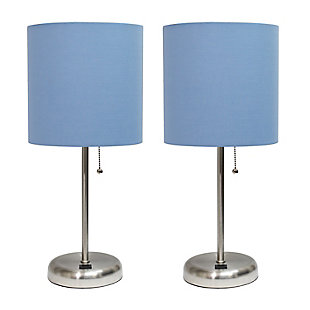 LimeLights LimeLights Stick Lamp with USB Charging Port and Fabric Shade 2 Pack Set, Blue, Brushed Steel/Blue, large
