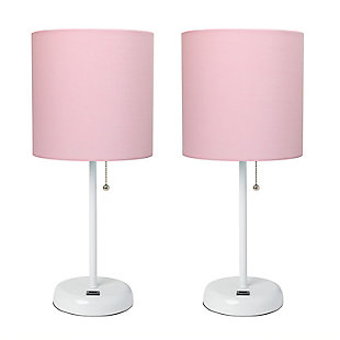 LimeLights LimeLights White Stick Lamp with USB Charging Port and Fabric Shade 2 Pack Set, Light Pink, White/Light Pink, large