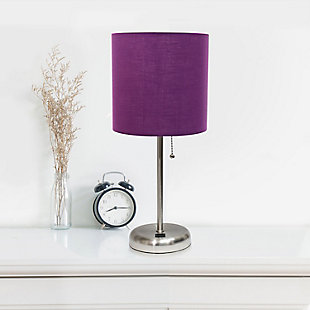LimeLights LimeLights Stick Lamp with USB Charging Port and Fabric Shade 2 Pack Set, Purple, Brushed Steel/Purple, rollover