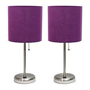 LimeLights LimeLights Stick Lamp with USB Charging Port and Fabric Shade 2 Pack Set, Purple, Brushed Steel/Purple, large