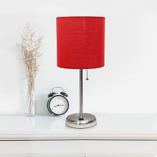LimeLights LimeLights Stick Lamp with USB Charging Port and Fabric Shade 2 Pack Set, Red, Brushed Steel/Red, rollover