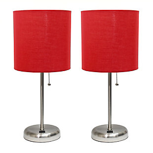 LimeLights LimeLights Stick Lamp with USB Charging Port and Fabric Shade 2 Pack Set, Red, Brushed Steel/Red, large
