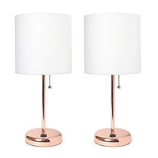 LimeLights LimeLights Rose Gold Stick Lamp with USB Charging Port and Fabric Shade 2 Pack Set, White, Rose Gold/White, large