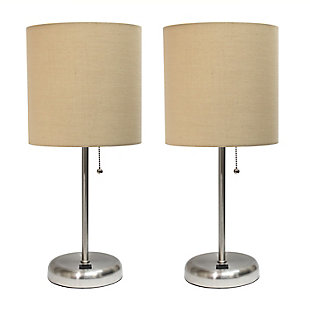 LimeLights LimeLights Stick Lamp with USB Charging Port and Fabric Shade 2 Pack Set, Tan, Brushed Steel/Tan, large