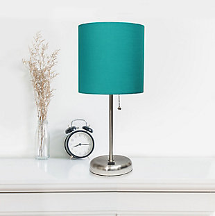 LimeLights LimeLights Stick Lamp with USB Charging Port and Fabric Shade 2 Pack Set, Teal, Brushed Steel/Teal, rollover