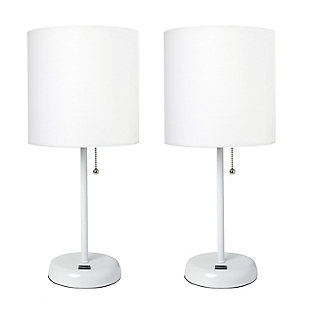 LimeLights LimeLights White Stick Lamp with USB Charging Port and Fabric Shade 2 Pack Set, White, White, large