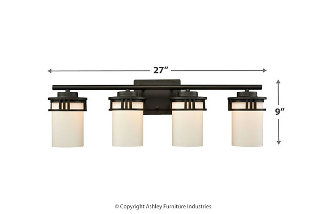 Go classy with the Ravendale 4-light bath vanity fixture. Its simple design is modern with a flat metal backplate and straight-lined light holders in a smooth rubbed bronze finish. Light filters through the opal white glass shades, which can be mounted up or down, depending on where you want to direct the light—what a sharp, casual look.Made of metal in bronze-tone finish | White glass shades | 4 E26 bulbs (not included); 100-watt max | Uplit or downlit positioning | Indoor use only | Hardwired; professional installation recommended | Clean with a soft, dry cloth
