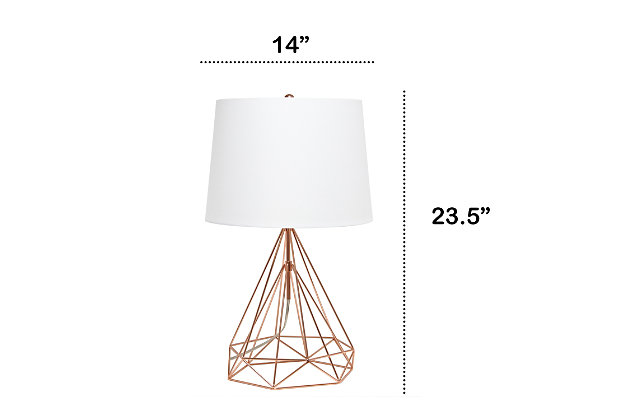 Bring a modern touch to any room in your home while keeping it fun!  The metal base is finished in rose gold and is complimented by a white fabric tapered shade.  The perfect lamp for your living room, bedroom, dorm room or office!White fabric tapered shade | Rose gold finish on geometric metal base | 1 x 60w medium type a base bulb (not included) required | More color options available! | Fun and modern | Easily accesible rotary switch on socket