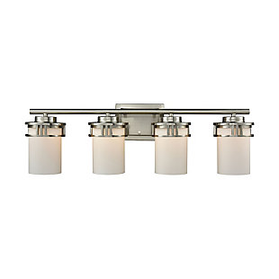 Go classy with the Ravendale 2-light bath vanity fixture. Its simple design is modern with a flat metal backplate and straight-lined light holders in a sleek brushed nickel finish. Light filters through the opal white glass shades, which can be mounted up or down, depending on where you want to direct the light—what a sharp, casual look.Made of metal in nickel-tone finish | White glass shades | 2 E26 bulbs (not included); 100-watt max | Uplit or downlit positioning | Indoor use only | Hardwired; professional installation recommended | Clean with a soft, dry cloth