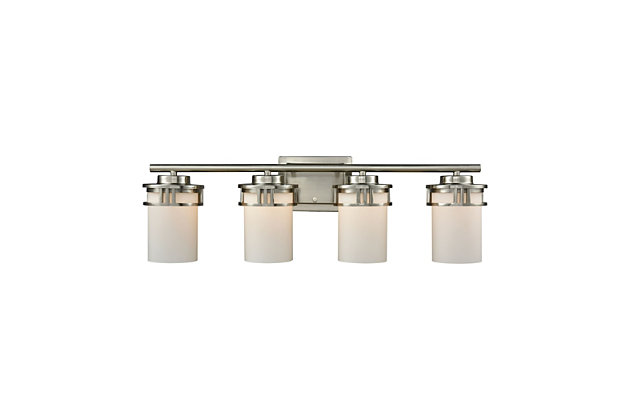 Go classy with the Ravendale 2-light bath vanity fixture. Its simple design is modern with a flat metal backplate and straight-lined light holders in a sleek brushed nickel finish. Light filters through the opal white glass shades, which can be mounted up or down, depending on where you want to direct the light—what a sharp, casual look.Made of metal in nickel-tone finish | White glass shades | 2 E26 bulbs (not included); 100-watt max | Uplit or downlit positioning | Indoor use only | Hardwired; professional installation recommended | Clean with a soft, dry cloth