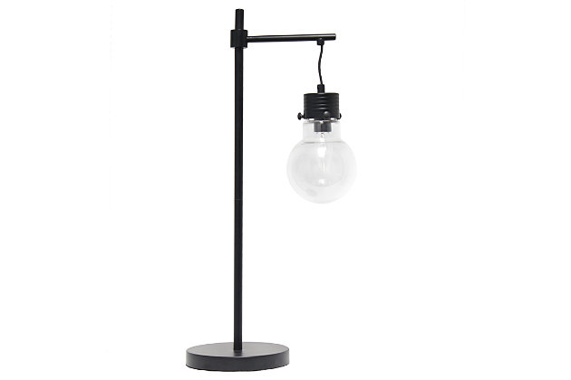 With its' black matte finish and simple lines, this table lamp adds a touch of sophistication to any room in your home.  It features a clear glass globe shade and a convenient on/off switch on the cord making it easy to turn on and off.  The clean industrial look brings modern charm to your living room, bedroom, office or foyer.Clear globe glass shade | Black matte finish | 1 x 25w type b candelabra base bulb (not included) required | 5 foot black cord | Sophisticated industrial | Easily accessible on/off switch on cord