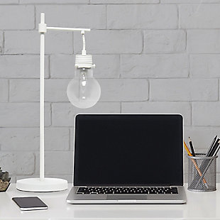 With its' white matte finish and simple lines, this table lamp adds a touch of sophistication to any room in your home.  It features a clear glass globe shade and a convenient on/off switch on the cord making it easy to turn on and off.  The clean industrial look brings modern charm to your living room, bedroom, office or foyer.Clear globe glass shade | White matte finish | 1 x 25w type b candelabra base bulb (not included) required | 5 foot white cord | Sophisticated industrial | Easily accessible on/off switch on cord