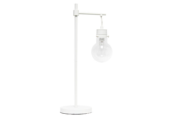 With its' white matte finish and simple lines, this table lamp adds a touch of sophistication to any room in your home.  It features a clear glass globe shade and a convenient on/off switch on the cord making it easy to turn on and off.  The clean industrial look brings modern charm to your living room, bedroom, office or foyer.Clear globe glass shade | White matte finish | 1 x 25w type b candelabra base bulb (not included) required | 5 foot white cord | Sophisticated industrial | Easily accessible on/off switch on cord