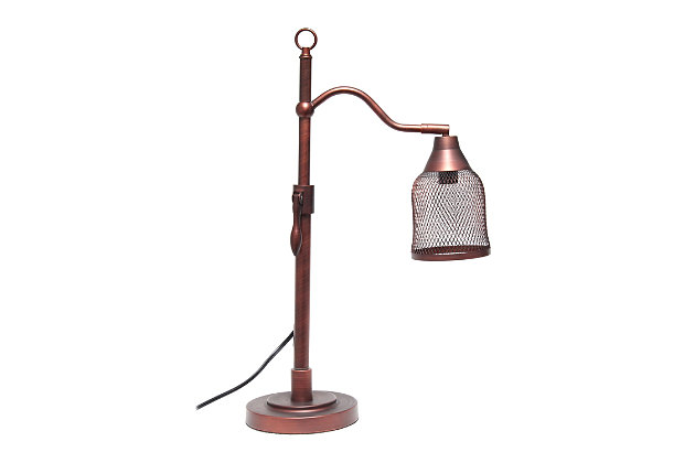 With its' street lamp styled frame, this table lamp will light up any room in your  home with vintage charm.  Featuring a metal mesh shade, red bronze finish, and the capability to adjust the height and rotate the shade, this lamp is sure to suit all of your lighting needs.  Perfect for your foyer, bedroom, library, office or living room, this industiral table lamp will add the optimal amount of lighting to your space.

**HELPFUL TIP: To get the complete vintage look, we recommend using a decorative Edison/Vintage bulb (not included). **Bell shaped metal mesh shade | Rustic red bronze finish | 1 x 60w medium type a base bulb (not included) required
*for full vintage look, type t45 edison bulb is recommended* | 6 foot black cord | Industrial style | Easily accessible on/off switch on cord