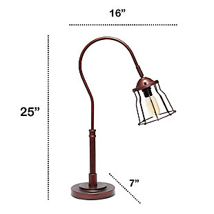 With its' street lamp styled frame, this table lamp will light up any room in your  home with vintage charm.  Featuring a round metal cage like shade, red bronze finish, and a curved arm, this lamp is sure to suit all of your lighting needs.  Perfect for your foyer, bedroom, library, office or living room, this industiral table lamp will add the optimal amount of lighting to your space.

**HELPFUL TIP: To get the complete vintage look, we recommend using a decorative Edison/Vintage bulb (not included). **Round metal cage like shade | Rustic red bronze finish | 1 x 60w medium type a base bulb (not included) required
*for full vintage look, type t45 edison bulb is recommended* | 6 foot black cord | Industrial style | Easily accessible on/off switch on cord