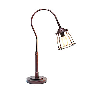 With its' street lamp styled frame, this table lamp will light up any room in your  home with vintage charm.  Featuring a round metal cage like shade, red bronze finish, and a curved arm, this lamp is sure to suit all of your lighting needs.  Perfect for your foyer, bedroom, library, office or living room, this industiral table lamp will add the optimal amount of lighting to your space.

**HELPFUL TIP: To get the complete vintage look, we recommend using a decorative Edison/Vintage bulb (not included). **Round metal cage like shade | Rustic red bronze finish | 1 x 60w medium type a base bulb (not included) required
*for full vintage look, type t45 edison bulb is recommended* | 6 foot black cord | Industrial style | Easily accessible on/off switch on cord