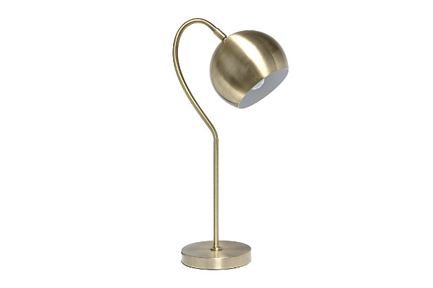 Brighten up your living space with this attractive table lamp in a polished antique brass finish.  This minimalist table lamp features curved lines and a stylish metal dome shade.  Add sophistication to your living room, bedroom, office or library with this sleek and modern table lamp.Metal dome shade | Polished antique brass finish | 1 x 40w medium type g16.5 base bulb (not required) required | 5 foot black cord | Clean and modern | Easily accessible on/off switch on cord