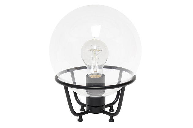 Illuminate your room in style with this modern table lamp! The clear globe glass shade is accented by a matte black metal base for the perfect industrial look! At 10 inches high, it's the perfect solution to freshen up your nightstand, end table or foyer.Clear globe glass shade | Black matte finish | 1 x 40w type a base bulb (not included) required | 5 foot black cord | Industrial style | Easily accessible on/off switch on cord