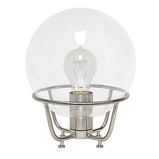 Illuminate your room in style with this modern table lamp!  The clear globe glass shade is accented by a polished brushed nickel metal base for the perfect industrial look!  At 10 inches high, it's the perfect solution to freshen up your nightstand, end table or foyer.Clear globe glass shade | Polished brushed nickel finish | 1 x 40w medium type a base bulb (not included) required | 5 foot clear cord | Industrial style | Easily accessible on/off switch on cord