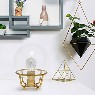 Illuminate your room in style with this modern table lamp!  The clear globe glass shade is accented by a matte gold metal base for the perfect industrial look!  At 10 inches high, it's the perfect solution to freshen up your nightstand, end table or foyer.Clear globe glass shade | Matte gold finish | 1 x 40w medium type a base bulb (not included) required | 5 foot clear cord | Industrial style | Easily accessible on/off switch on cord