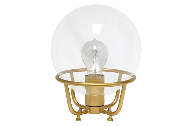 Illuminate your room in style with this modern table lamp!  The clear globe glass shade is accented by a matte gold metal base for the perfect industrial look!  At 10 inches high, it's the perfect solution to freshen up your nightstand, end table or foyer.Clear globe glass shade | Matte gold finish | 1 x 40w medium type a base bulb (not included) required | 5 foot clear cord | Industrial style | Easily accessible on/off switch on cord