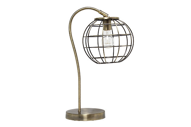 Illuminate your living space with this retro industrial table lamp!  It features a beautiful polished antique brass finish and an attractive round metal cage shade.  Standing 20 inches tall, it's the perfect piece to accent your office, bedroom, foyer or living room!

**HELPFUL TIP: To get the complete industrial look, we recommend using a decorative Edison/Vintage bulb (not included). **Round metal cage shade | Polished antique brass finish | 1 x 60w medium type a base bulb (not included) required | 5 foot black cord | Industrial style | Easily accessible on/off switch on cord